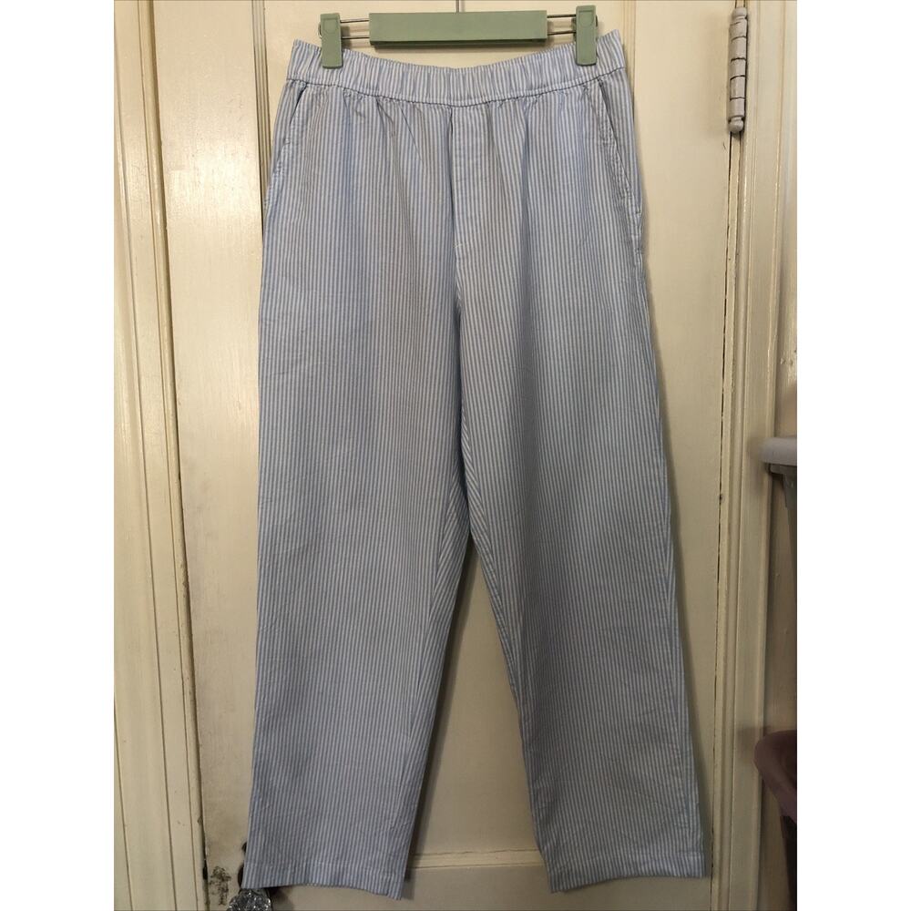 Uniqlo Blue White Striped Pants Small Elastic Waist Pockets Lightweight Cotton